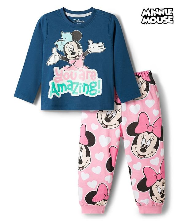 Babyhug Disney Single Jersey Knit Full Sleeves T-Shirt & Pajama Night Suit with Minnie Graphic - Multicolor