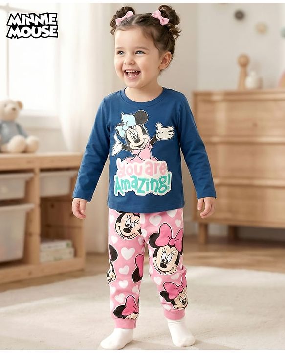Babyhug Disney Single Jersey Knit Full Sleeves T-Shirt & Pajama Night Suit with Minnie Graphic - Multicolor