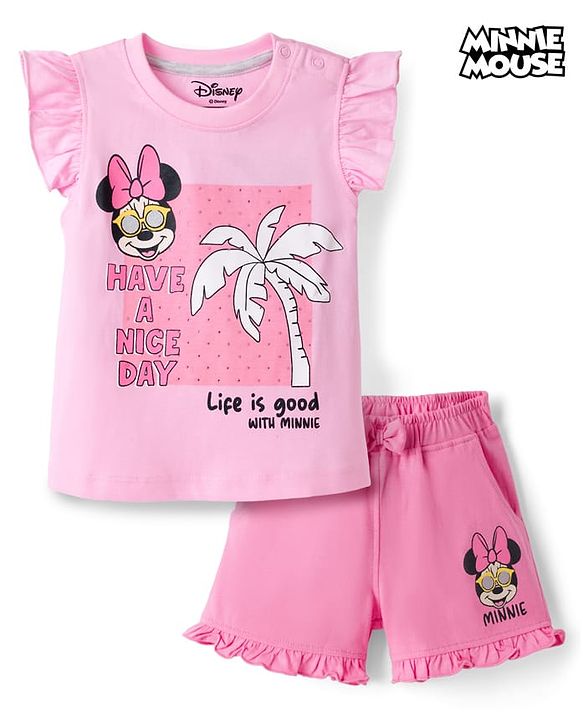 Babyhug Disney Single Jersey Knit Frill Sleeves T-Shirt & Shorts Set With Minnie Mouse Graphics - Pink