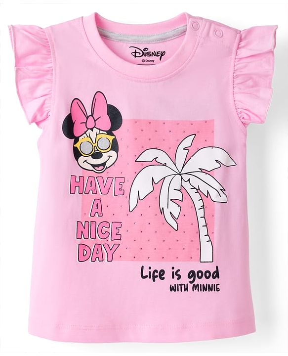 Babyhug Disney Single Jersey Knit Frill Sleeves T-Shirt & Shorts Set With Minnie Mouse Graphics - Pink