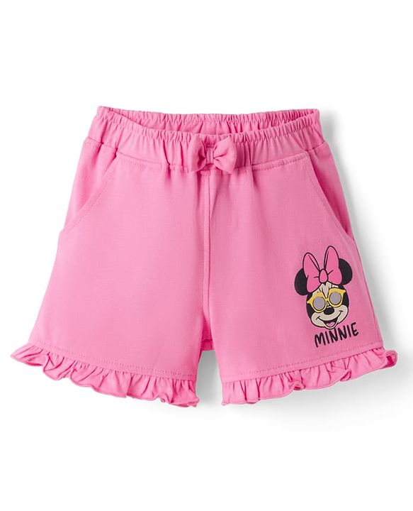 Babyhug Disney Single Jersey Knit Frill Sleeves T-Shirt & Shorts Set With Minnie Mouse Graphics - Pink