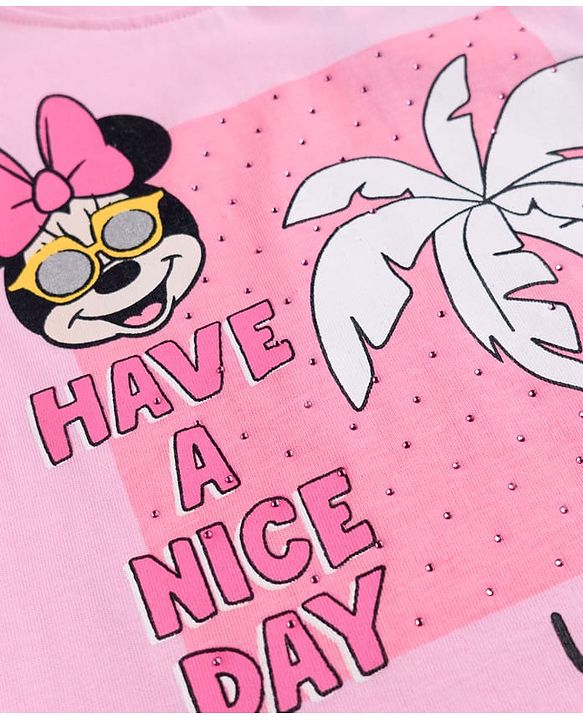 Babyhug Disney Single Jersey Knit Frill Sleeves T-Shirt & Shorts Set With Minnie Mouse Graphics - Pink