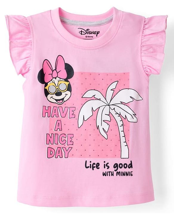 Babyhug Disney Single Jersey Knit Frill Sleeves T-Shirt & Shorts Set With Minnie Mouse Graphics - Pink