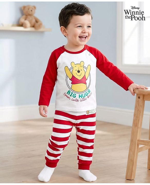 Babyhug Disney 100% Cotton Knit Raglan Full Sleeves T-Shirt & Pyjama Night Suit With Winnie the Pooh Graphic - Multicolour