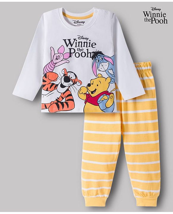 Babyhug Disney Single Jersey Knit Full Sleeves T-Shirt & Pajama Night Suit with Winnie & Friends Graphic & Stripes - Multicolor
