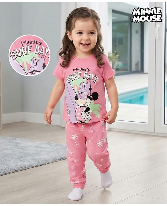 Babyhug Disney Single Jersey Knit Half Sleeve T-Shirt &  Pyjama Night Suit Set with Minnie Mouse Graphic- Pink