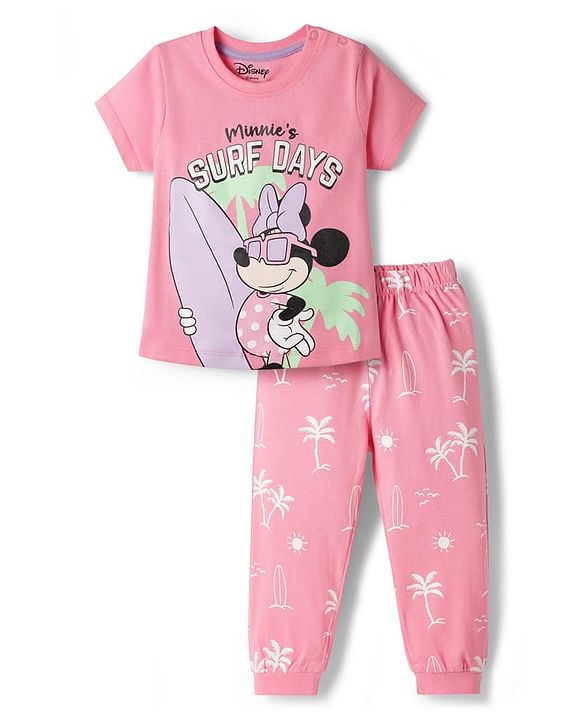 Babyhug Disney Single Jersey Knit Half Sleeve T-Shirt &  Pyjama Night Suit Set with Minnie Mouse Graphic- Pink