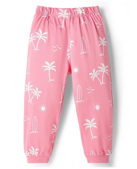 Babyhug Disney Single Jersey Knit Half Sleeve T-Shirt &  Pyjama Night Suit Set with Minnie Mouse Graphic- Pink