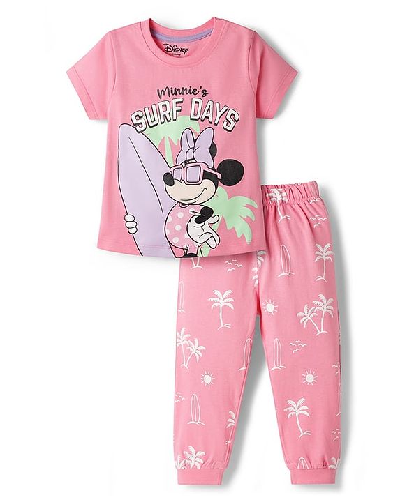 Babyhug Disney Single Jersey Knit Half Sleeve T-Shirt &  Pyjama Night Suit Set with Minnie Mouse Graphic- Pink