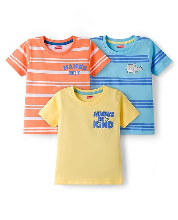 Babyhug Cotton Knit Half Sleeves Striped & Shark Printed T-Shirts Pack of 3 - Multicolor