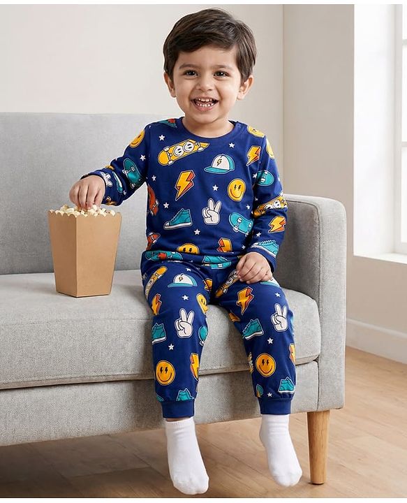 Babyhug Cotton Knit Half Sleeves Co-ords T-Shirt & Pajama Night Suit with Skating Theme Print - Navy Blue