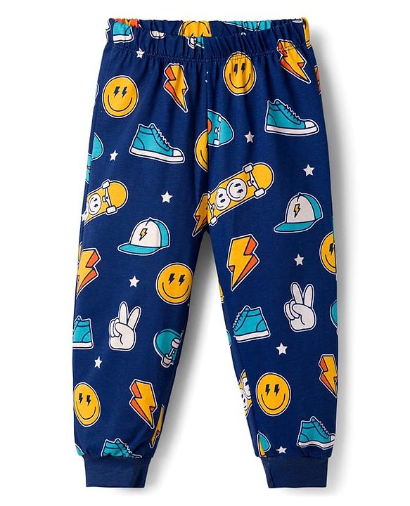 Babyhug Cotton Knit Half Sleeves Co-ords T-Shirt & Pajama Night Suit with Skating Theme Print - Navy Blue