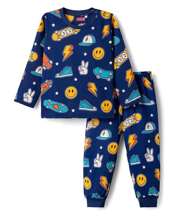 Babyhug Cotton Knit Half Sleeves Co-ords T-Shirt & Pajama Night Suit with Skating Theme Print - Navy Blue