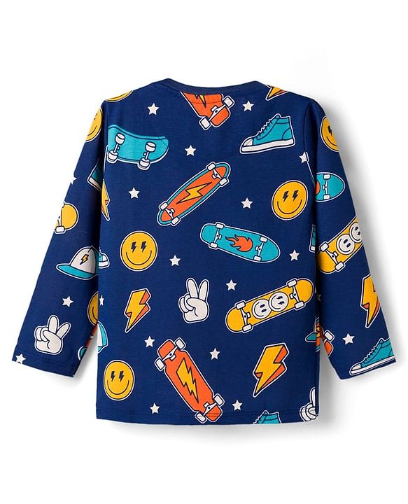 Babyhug Cotton Knit Half Sleeves Co-ords T-Shirt & Pajama Night Suit with Skating Theme Print - Navy Blue