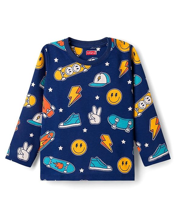Babyhug Cotton Knit Half Sleeves Co-ords T-Shirt & Pajama Night Suit with Skating Theme Print - Navy Blue