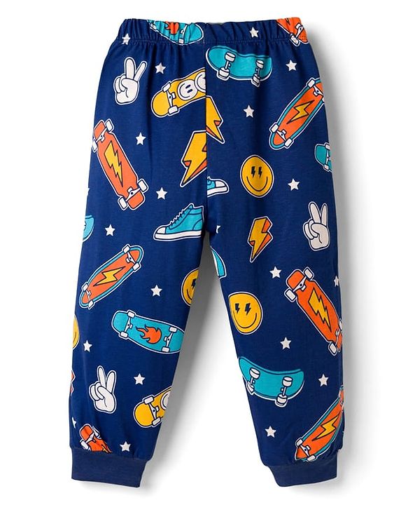 Babyhug Cotton Knit Half Sleeves Co-ords T-Shirt & Pajama Night Suit with Skating Theme Print - Navy Blue