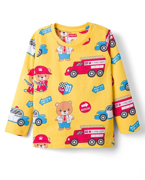 Babyhug Cotton Knit Full Sleeves T-Shirt & Lounge Pant Co-ords Night Suit With Vehicle Print - Yellow