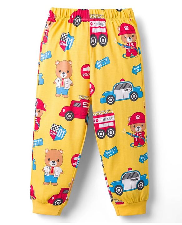 Babyhug Cotton Knit Full Sleeves T-Shirt & Lounge Pant Co-ords Night Suit With Vehicle Print - Yellow