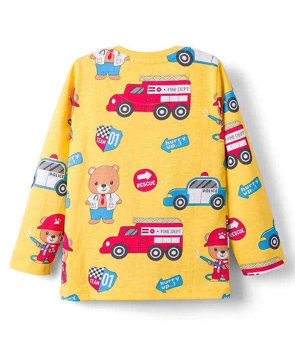 Babyhug Cotton Knit Full Sleeves T-Shirt & Lounge Pant Co-ords Night Suit With Vehicle Print - Yellow