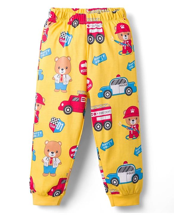 Babyhug Cotton Knit Full Sleeves T-Shirt & Lounge Pant Co-ords Night Suit With Vehicle Print - Yellow