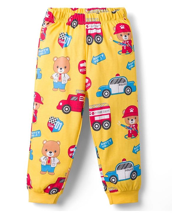 Babyhug Cotton Knit Full Sleeves T-Shirt & Lounge Pant Co-ords Night Suit With Vehicle Print - Yellow