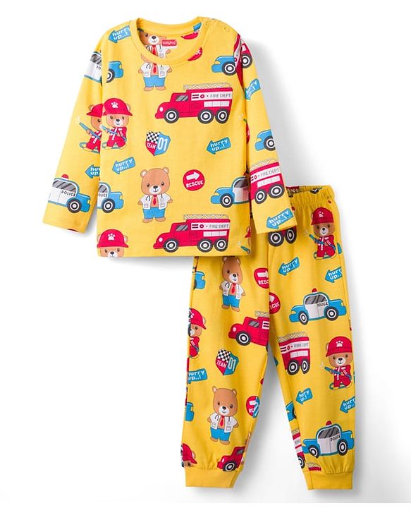 Babyhug Cotton Knit Full Sleeves T-Shirt & Lounge Pant Co-ords Night Suit With Vehicle Print - Yellow