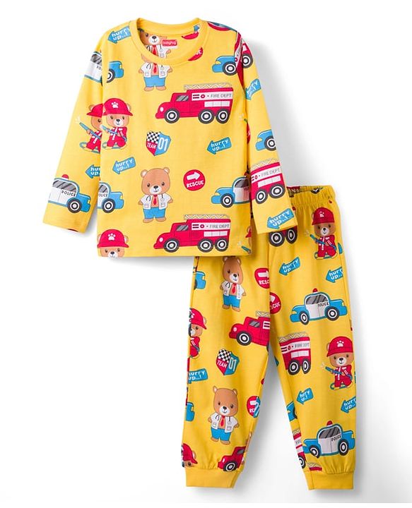 Babyhug Cotton Knit Full Sleeves T-Shirt & Lounge Pant Co-ords Night Suit With Vehicle Print - Yellow