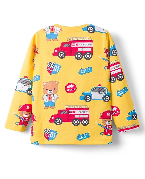 Babyhug Cotton Knit Full Sleeves T-Shirt & Lounge Pant Co-ords Night Suit With Vehicle Print - Yellow