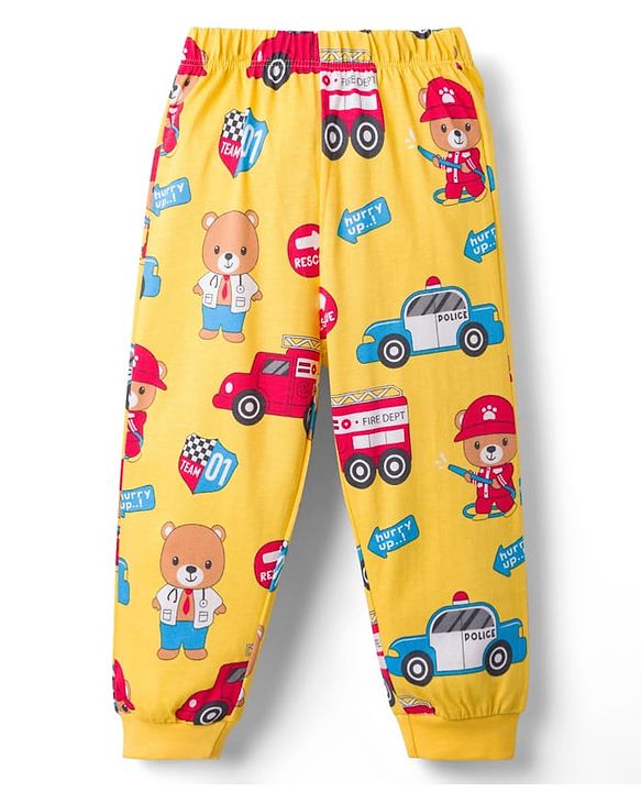 Babyhug Cotton Knit Full Sleeves T-Shirt & Lounge Pant Co-ords Night Suit With Vehicle Print - Yellow