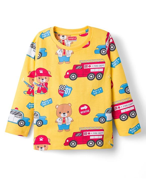 Babyhug Cotton Knit Full Sleeves T-Shirt & Lounge Pant Co-ords Night Suit With Vehicle Print - Yellow