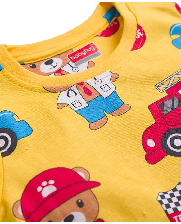 Babyhug Cotton Knit Full Sleeves T-Shirt & Lounge Pant Co-ords Night Suit With Vehicle Print - Yellow