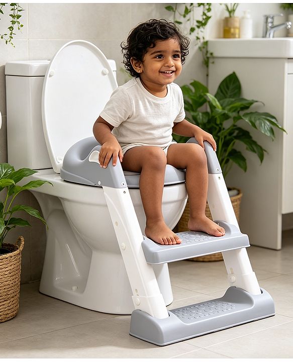 Babyhug Ladder Potty Seat - Grey White| Comfortable & Secure Training Seat| Anti-Slip Base| Easy to Clean| Lightweight Design| Easy to Assemble| Fits All Regular Commodes
