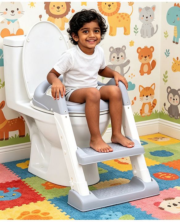 Babyhug Ladder Potty Seat - Grey White| Comfortable & Secure Training Seat| Anti-Slip Base| Easy to Clean| Lightweight Design| Easy to Assemble| Fits All Regular Commodes