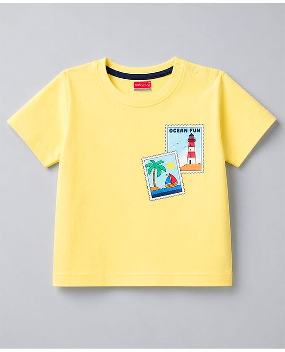 Babyhug Cotton Knit Half Sleeves Oversized Front & Back Beach Theme Print T-Shirt - Yellow
