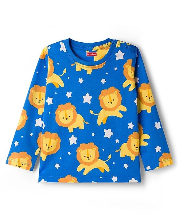 Babyhug Cotton Knit Full Sleeves T-Shirt & Lounge Pant Co-ords Night Suit With Lion Print - Blue