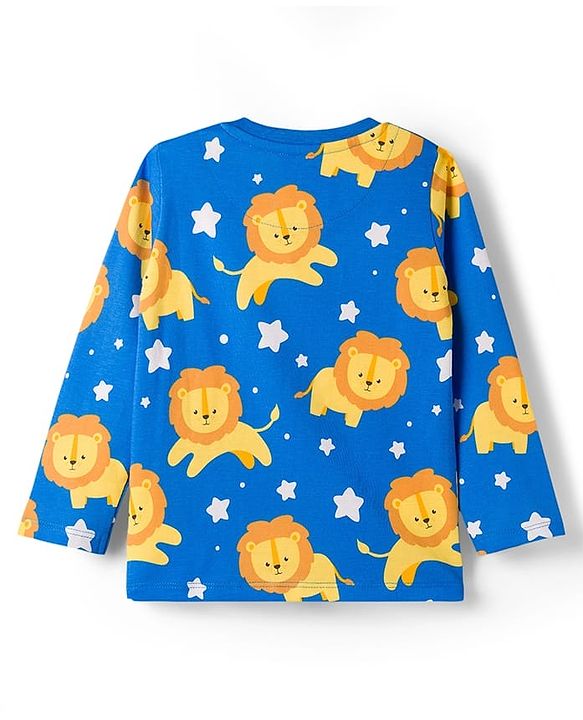 Babyhug Cotton Knit Full Sleeves T-Shirt & Lounge Pant Co-ords Night Suit With Lion Print - Blue