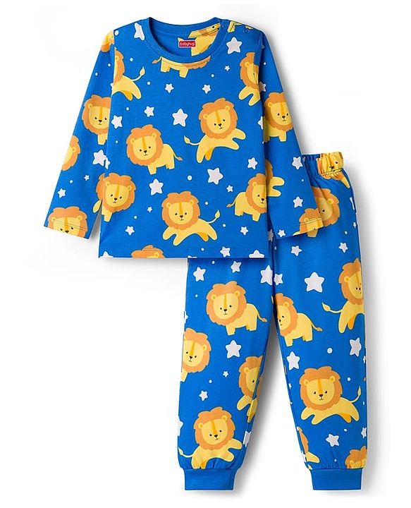 Babyhug Cotton Knit Full Sleeves T-Shirt & Lounge Pant Co-ords Night Suit With Lion Print - Blue