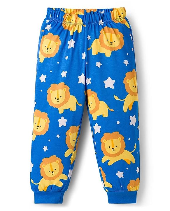 Babyhug Cotton Knit Full Sleeves T-Shirt & Lounge Pant Co-ords Night Suit With Lion Print - Blue