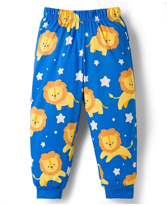 Babyhug Cotton Knit Full Sleeves T-Shirt & Lounge Pant Co-ords Night Suit With Lion Print - Blue