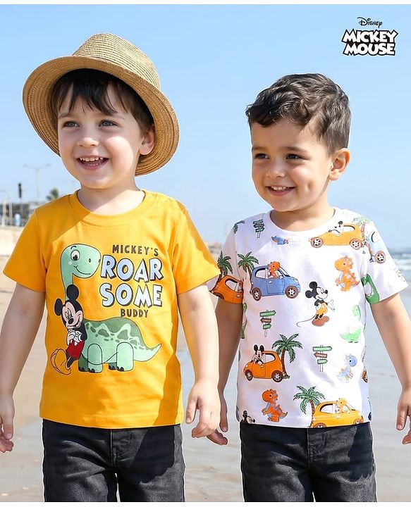 Babyhug Disney 100% Cotton Half Sleeves T-Shirts With Mickey Mouse & Friends Graphic Pack of 2 - Multicolour