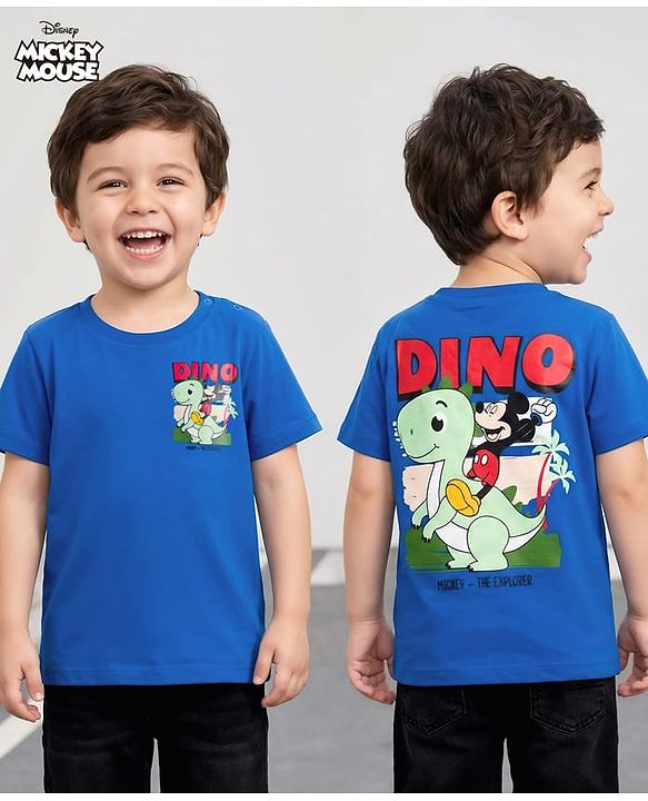 Babyhug Disney 100% Cotton Knit Half Sleeves T-Shirt With Front & Back Mickey & Dino Graphic - Blue