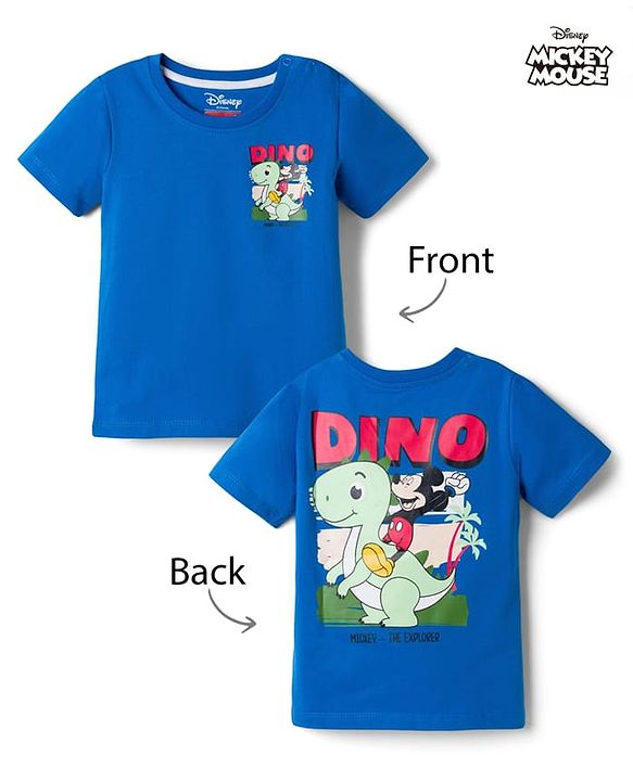 Babyhug Disney 100% Cotton Knit Half Sleeves T-Shirt With Front & Back Mickey & Dino Graphic - Blue