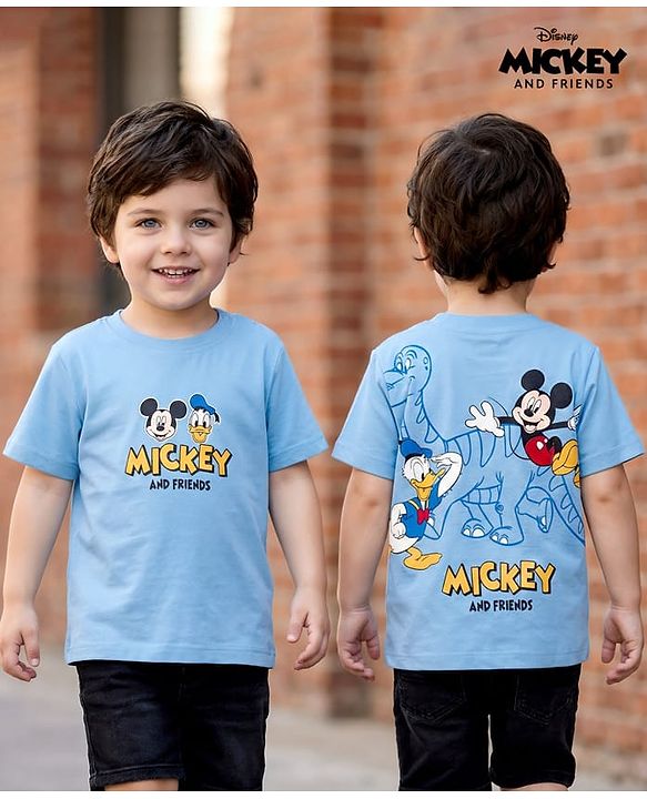 Babyhug Disney Single Jersey Knit Half Sleeves T-Shirt with Front and Back Mickey Mouse & Donald Duck Graphic - Light Blue