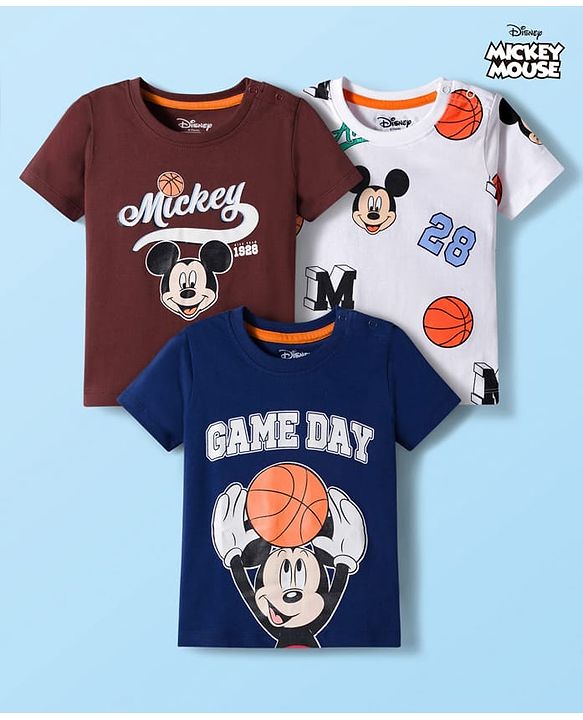 Babyhug Disney Single Jersey Knit Half Sleeves T-Shirts with Mickey Mouse Graphic Pack of 3 - Navy Blue White & Maroon