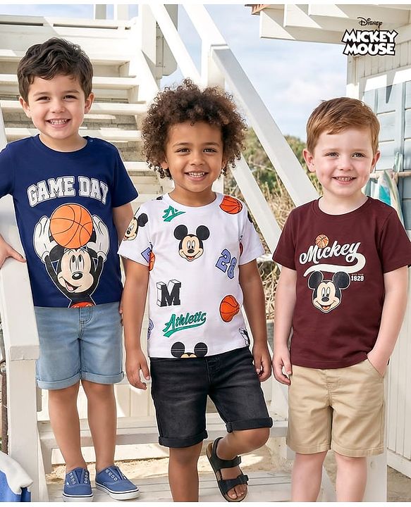 Babyhug Disney Single Jersey Knit Half Sleeves T-Shirts with Mickey Mouse Graphic Pack of 3 - Navy Blue White & Maroon