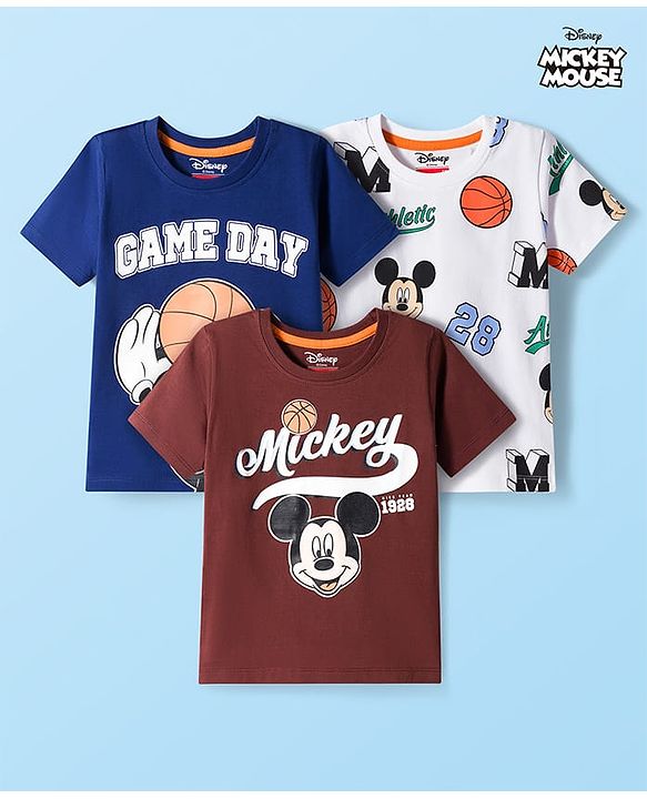 Babyhug Disney Single Jersey Knit Half Sleeves T-Shirts with Mickey Mouse Graphic Pack of 3 - Navy Blue White & Maroon
