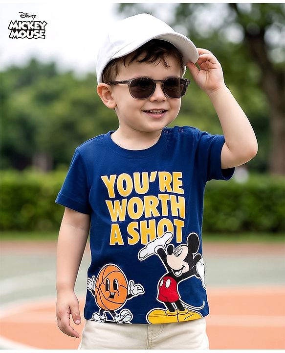 Babyhug Disney 100% Cotton Knit Half Sleeves T-Shirt With Mickey Mouse Graphic - Navy Blue