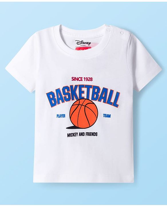 Babyhug Disney Single Jersey Knit Half Sleeves T-Shirt with Front and Back Mickey and Friends Graphic - White