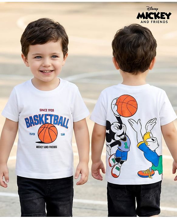 Babyhug Disney Single Jersey Knit Half Sleeves T-Shirt with Front and Back Mickey and Friends Graphic - White