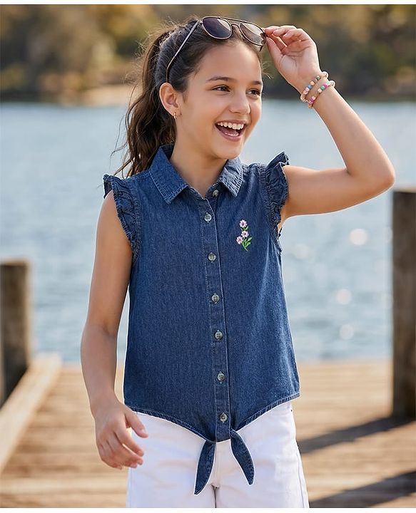 Pine Kids Cotton Woven Sleeveless Top With Floral Embroidery - Blue